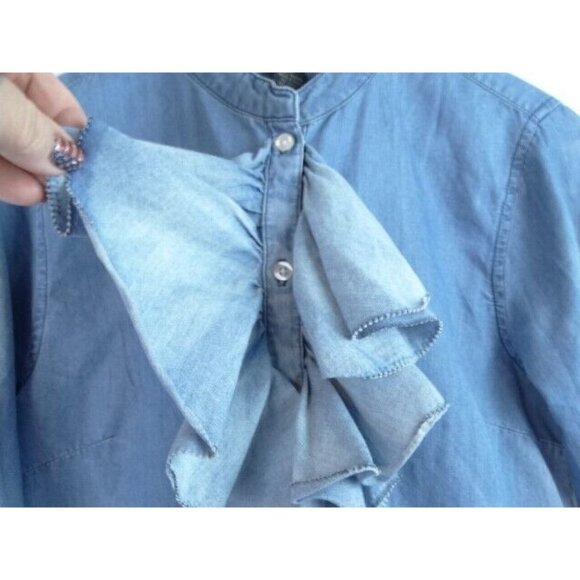 Grace Elements Women's Shirt Size Medium Blue Ruffle Long Sleeve Button Down Top - Picture 3 of 9